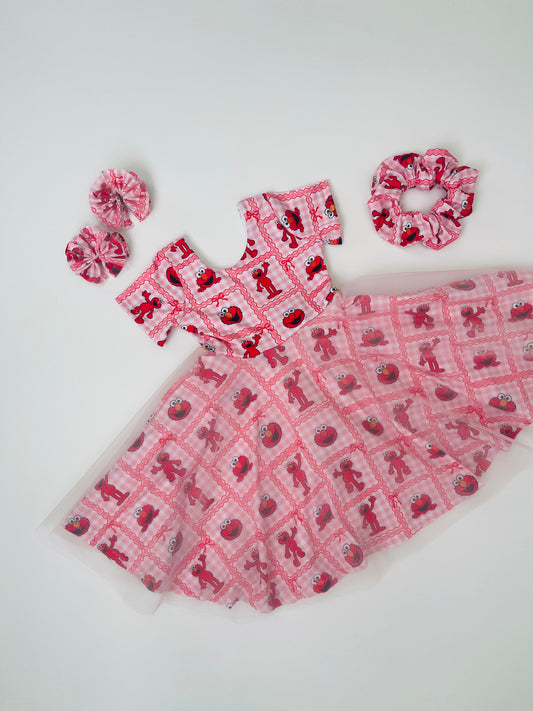 Pink Gingham Elmo Dress W/ Pink Tulle